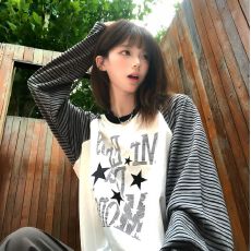 批发【色织条纹+莱雅】复古圆领做旧字母星星条纹宽松T恤长袖上衣女
