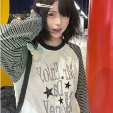 批发【色织条纹+莱雅】复古圆领做旧字母星星条纹宽松T恤长袖上衣女