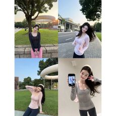 批发广州260克人棉系氛围感少女纯欲<b class='q'>打底衫</b>U领红排扣修身正肩长袖女