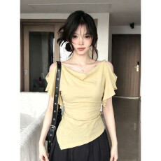 批发设计感纯欲荡领露肩荷叶边<b class='q'>T</b><b class='q'>恤</b>女夏季新款法式两穿不规则下摆上衣