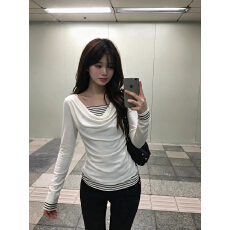 批发宋正恩白色荡领条纹假两件长袖<b class='q'>t</b><b class='q'>恤</b>女秋季韩系修身设计感内搭上衣