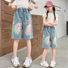 批发女童韩版休闲字母印花牛仔短裤夏季薄款牛仔中裤新款中大童牛仔裤