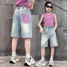 批发女童夏装牛仔短裤2025新款夏季薄款五分牛仔裤中大童笑脸刺绣中裤