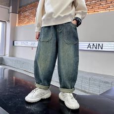 批发儿童复古宽松牛仔裤秋季2024新款长裤儿童男孩中大童时尚秋装裤子