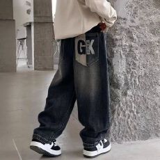 批发男童复古牛仔裤儿童新款中大童男孩洋气怀旧字母长裤宽松韩版百搭