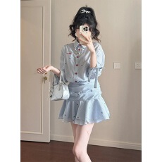 批发2025新款学院风miu系蓝色<b class='q'>衬衫</b><b class='q'>连衣裙</b>子女春夏季气质收腰百褶短裙