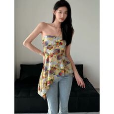 批发法式碎花不规则抹胸背心女夏外穿高级感纯欲气质收腰显瘦无袖上衣