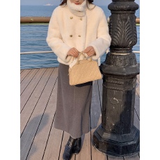 批发2025年冬季新款双排扣英伦风立领仿水<b class='q'>貂绒</b>加厚宽松仿皮草<b class='q'>外套</b>女