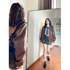 批发美拉德棕色机车PU<b class='q'>皮衣</b>外套女秋冬季中性风美式复古街头宽松夹克潮