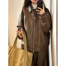 批发美拉德棕色机车PU<b class='q'>皮衣</b>外套女秋冬季中性风美式复古街头宽松夹克潮
