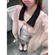 批发<b class='q'>甜美</b>风粉色翻领休闲夹克上衣女早秋小众设计感宽松美式棒球服外套