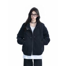 批发美式复古潮牌工装<b class='q'>夹克</b>上衣立领女秋冬季宽松设计感小众廊形外套女