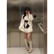 批发猫咪提花仿水貂毛v领毛衣女秋冬慵懒风宽松针织衫一字肩软糯上衣