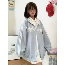 批发甜妹韩系蓝色碎花条纹开衫外套女春秋小众宽松休闲薄款超好看<b class='q'>夹克</b>