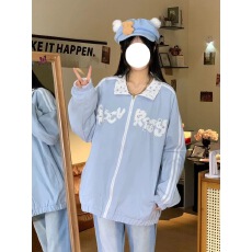 批发甜妹韩系蓝色碎花条纹开衫外套女春<b class='q'>秋</b>小众宽松休闲薄款超好看夹克