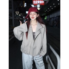 批发美式复古潮牌工装夹克上衣立领女秋<b class='q'>冬</b>季宽松设计感小众廊形外套女