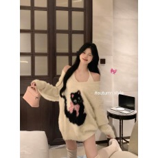 批发猫咪提花仿水貂毛v领毛衣女秋冬慵懒风宽松针织衫一字肩软糯上衣
