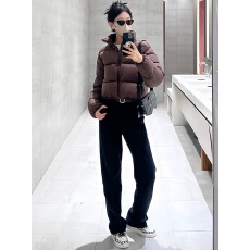 批发美式棕色肯豆短款羽绒服女2025新款小个子宽松面包服立领冬季外套