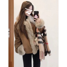 批发毛茸茸外套女冬季时尚韩版2024新款加厚环保皮草牛仔拼接毛绒上衣