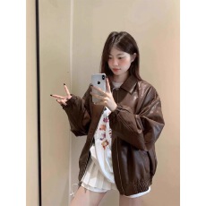 批发美拉德棕色机车PU皮衣外套女秋冬季中性风美式复古街头宽松夹克潮