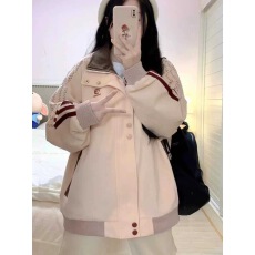 批发初秋穿搭美式中性宽松拼接粉色外套女春秋2025新款立领棒球服夹克