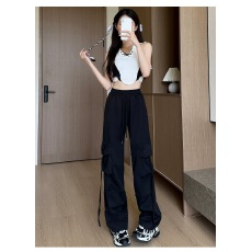 批发美式黑色高腰直筒工装裤女秋季垂感宽松阔腿裤小个子休闲拖地裤子