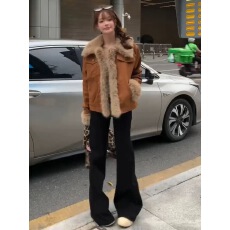 批发毛茸茸外套女冬季时尚韩版2024新款加厚环保皮草牛仔拼接毛绒上衣