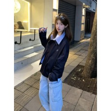 批发撞色拼接假两件外套女春秋2025新款美式复古宽松情侣翻领开衫夹克