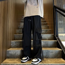 批发美式黑色高腰直筒工<b class='q'>装裤</b>女秋季垂感宽松阔腿裤小个子休闲拖地裤子