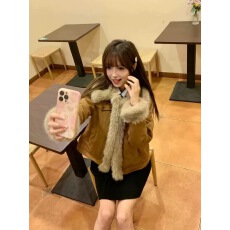 批发毛茸茸外套女冬季时尚韩版2024新款加厚环保皮草牛仔拼接毛绒上衣