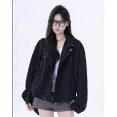 批发美式复古潮牌工装夹克上衣立领女秋冬季宽松设计感小众廊形<b class='q'>外套</b>女