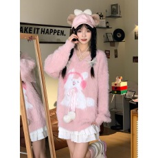 批发软糯水貂绒厚毛衣女外穿宽松挂脖系带针织衫少女甜美猫咪上衣秋冬