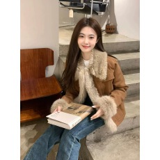 批发毛茸茸外套女冬季时尚韩版2024新款加厚环保皮草牛仔拼接毛绒上衣