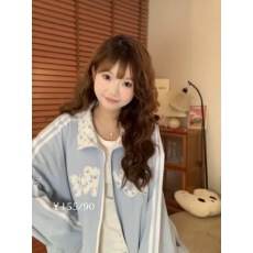 批发甜妹韩系蓝色碎花条纹开衫外套女春秋小众宽松休闲薄款超好看夹克