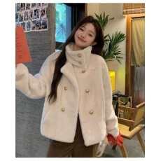 批发2025年冬季新款双排扣英伦风立领仿水貂绒加厚宽松仿皮草外套女