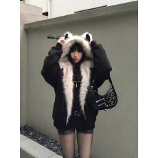 批发座山雕麂皮毛领猫耳朵棉服男女2025冬季新款<b class='q'>情侣</b><b class='q'>cleanfit</b>保暖棉衣