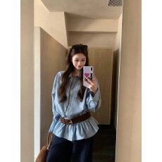 批发韩系设计感撞色条纹长袖衬衫上衣女秋冬小众别致宽松气质衬衣外套