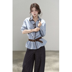 批发韩系设计感<b class='q'>撞色</b>条纹长袖衬衫上衣女秋冬小众别致宽松气质衬衣外套
