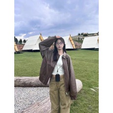 批发美拉德棕色机车PU皮衣外套女秋冬季中性风美式复古<b class='q'>街头</b>宽松夹克潮