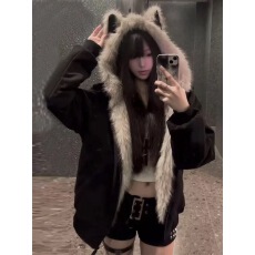 批发座山雕麂皮毛领猫耳朵棉服<b class='q'>男</b>女2025冬季新款情侣cleanfit保暖棉衣