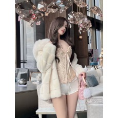 批发环保貂绒皮草外套女连帽中长款2025秋冬季新款狐狸毛领毛毛绒大衣