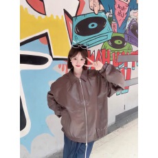 批发美拉德棕色机车PU皮衣外套女秋冬季中性风美式复古街头宽松夹克潮