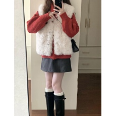 批发温柔风甜美羊羔毛马甲背心女冬季叠穿毛绒绒软糯宽松学院风外套