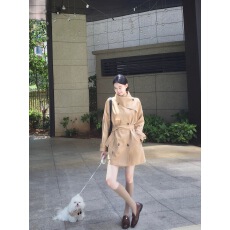 批发英伦风双排扣围脖领收腰中长款风衣外套女短款小个子早秋季