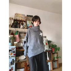 批发韩系不规则设计感宽松小众灰色斗篷高领星星毛衣披风针织衫女秋冬