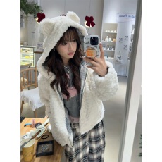 批发韩系奶fufu软糯毛绒绒羊羔毛加厚外套女秋冬季小熊耳朵小个子上衣