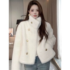 批发2025年冬季新款双排扣英伦风立领仿水貂绒加厚宽松仿皮草外套女