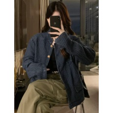 批发高级感气质小香风<b class='q'>牛仔</b>外套女秋季短款小众设计感立领蓝色夹克上衣