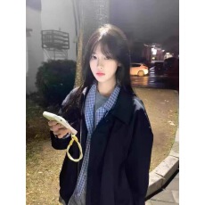 批发撞色拼接假两件外套女春秋2025新款美式复古宽松情侣翻领开衫夹克