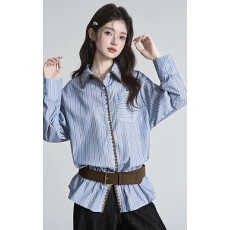 批发韩系设计感撞色<b class='q'>条纹</b>长袖衬衫上衣女秋冬小众别致宽松气质衬衣外套